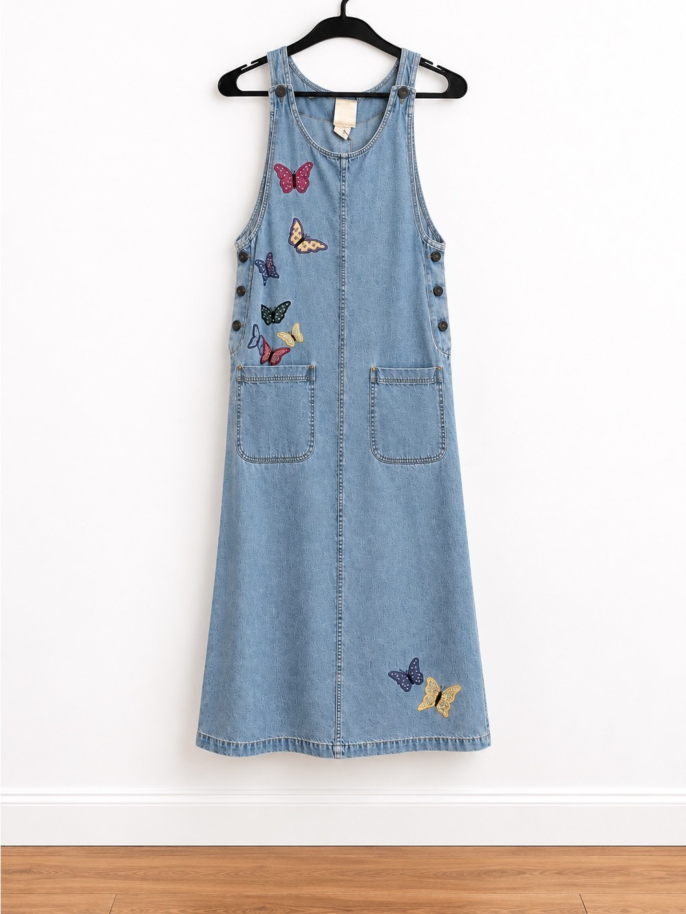 Kids Light Blue Denim Pinafore Dress with Butterfly Embroidery